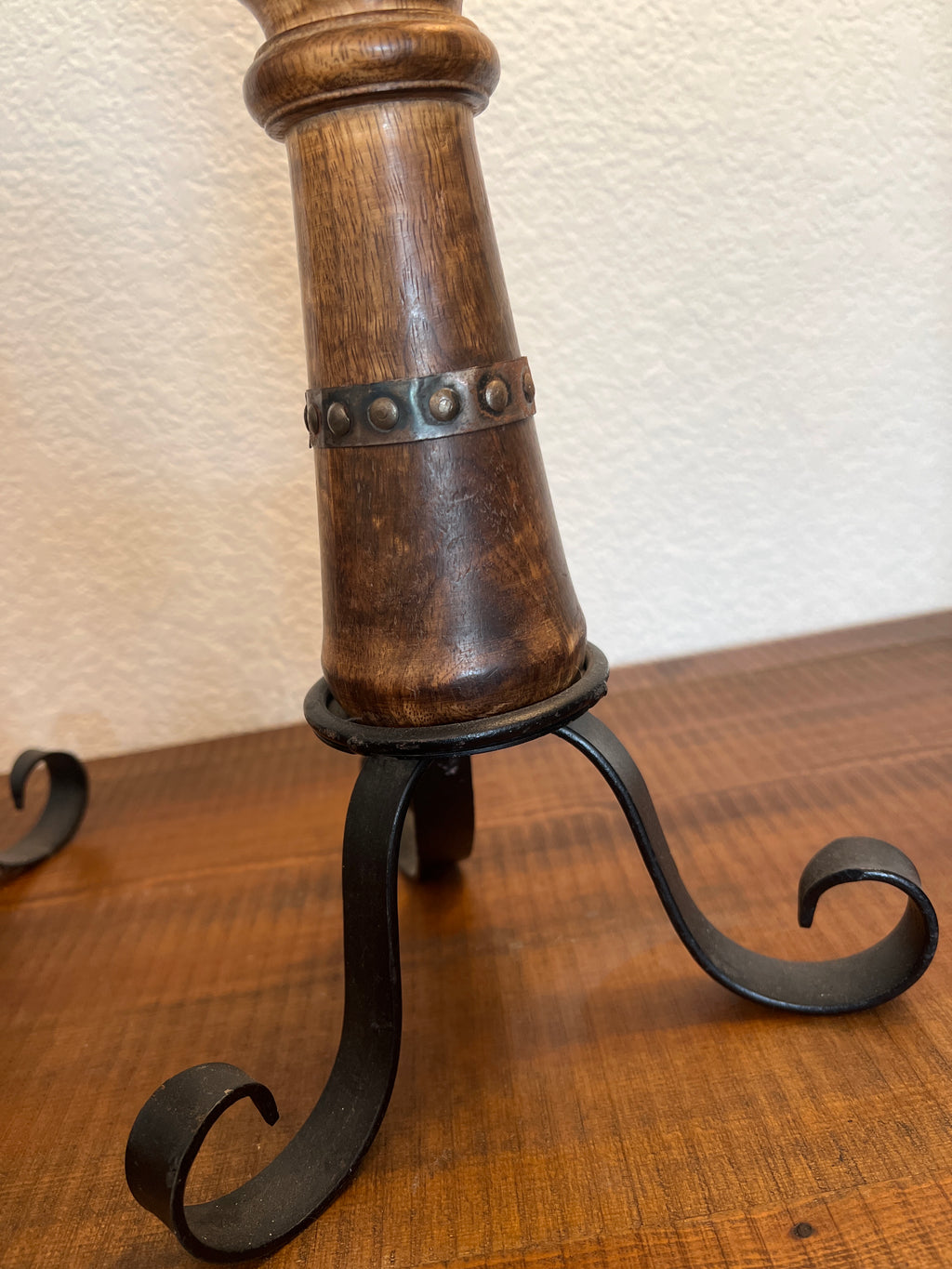 Set Of 2 Vintage mid century modern Taper Candlestick Holders. Wood & Metal