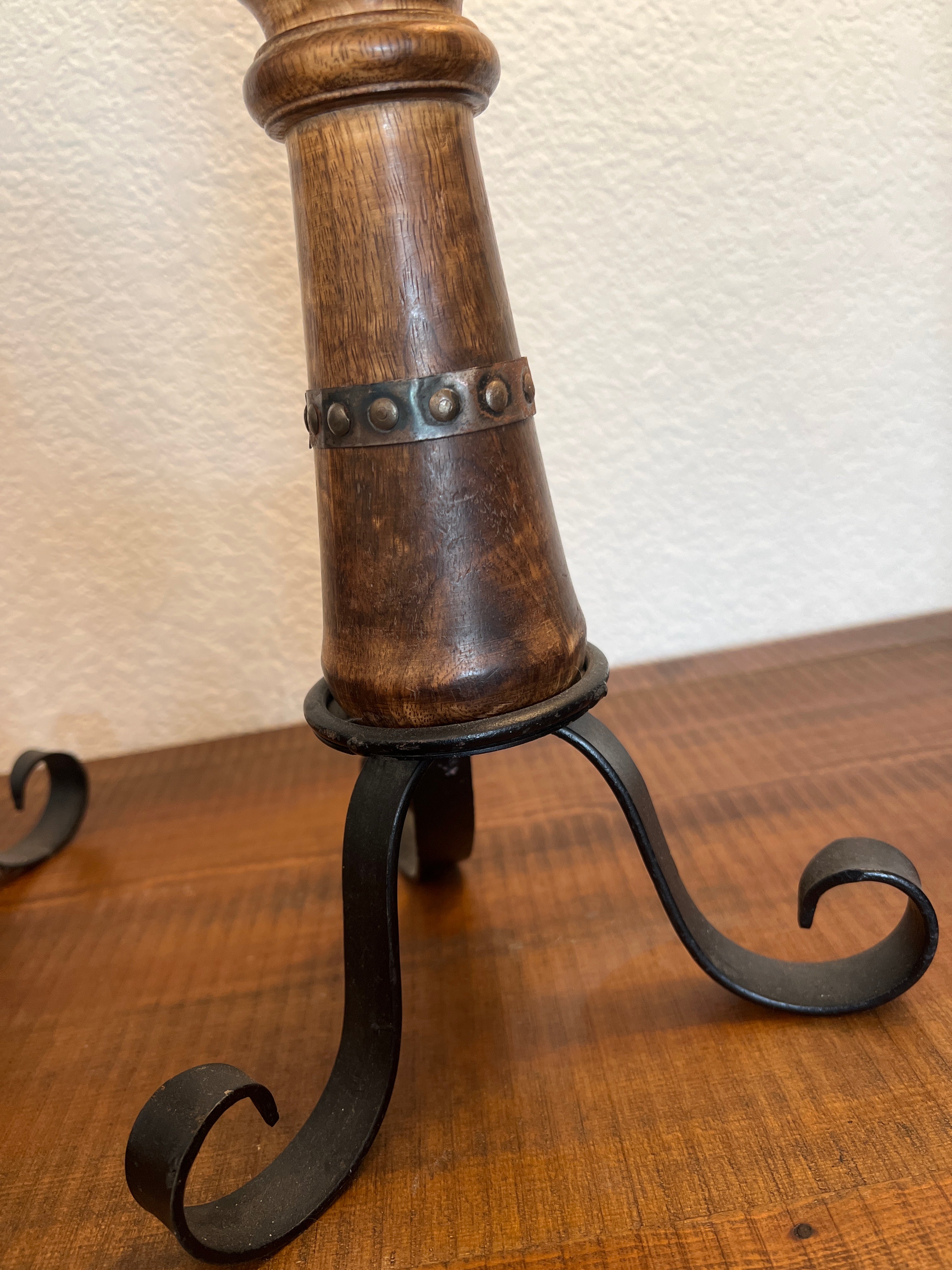 Set Of 2 Vintage mid century modern Taper Candlestick Holders. Wood & Metal