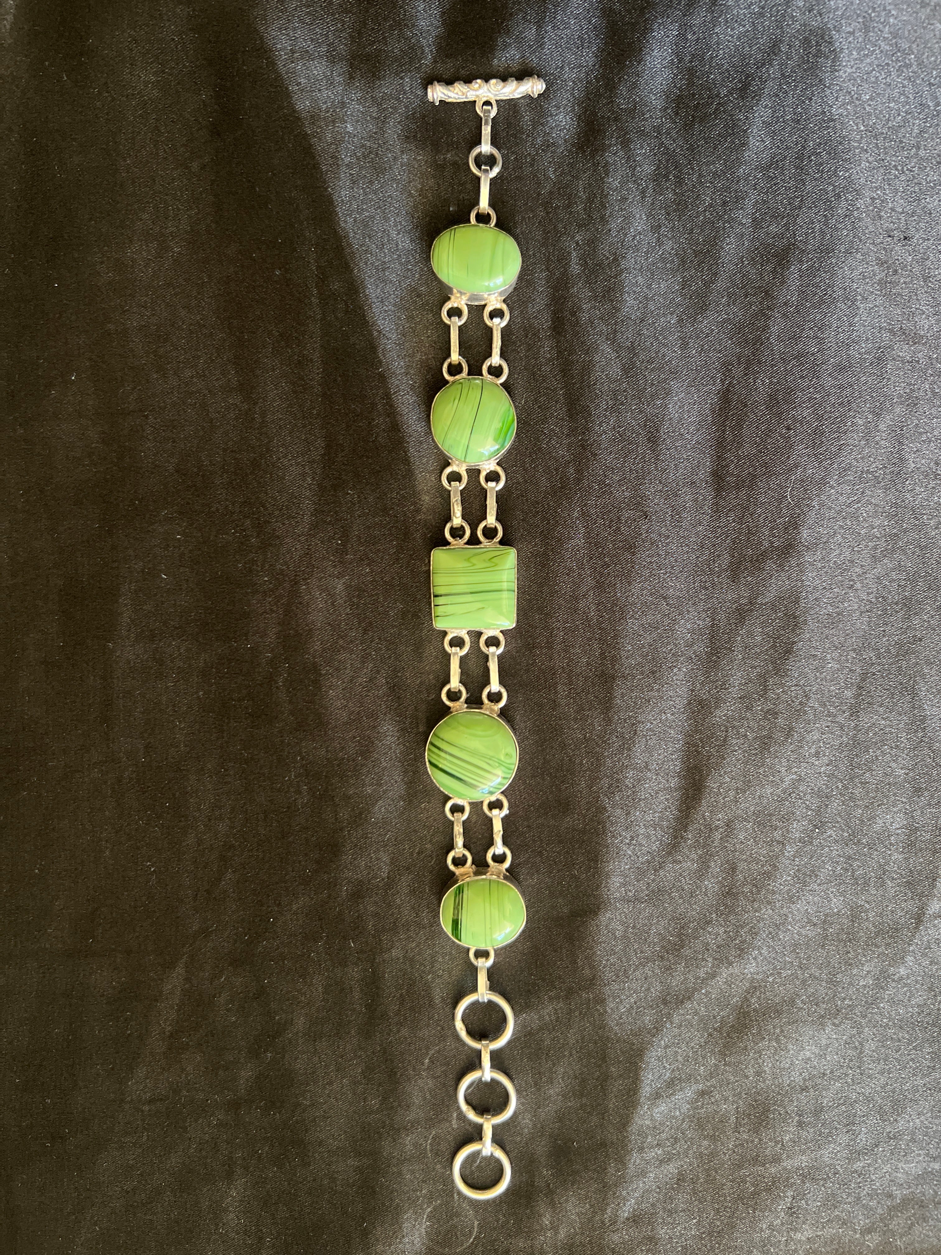 Vintage Green Lucite Mid Century 925 Silver Bracelet.