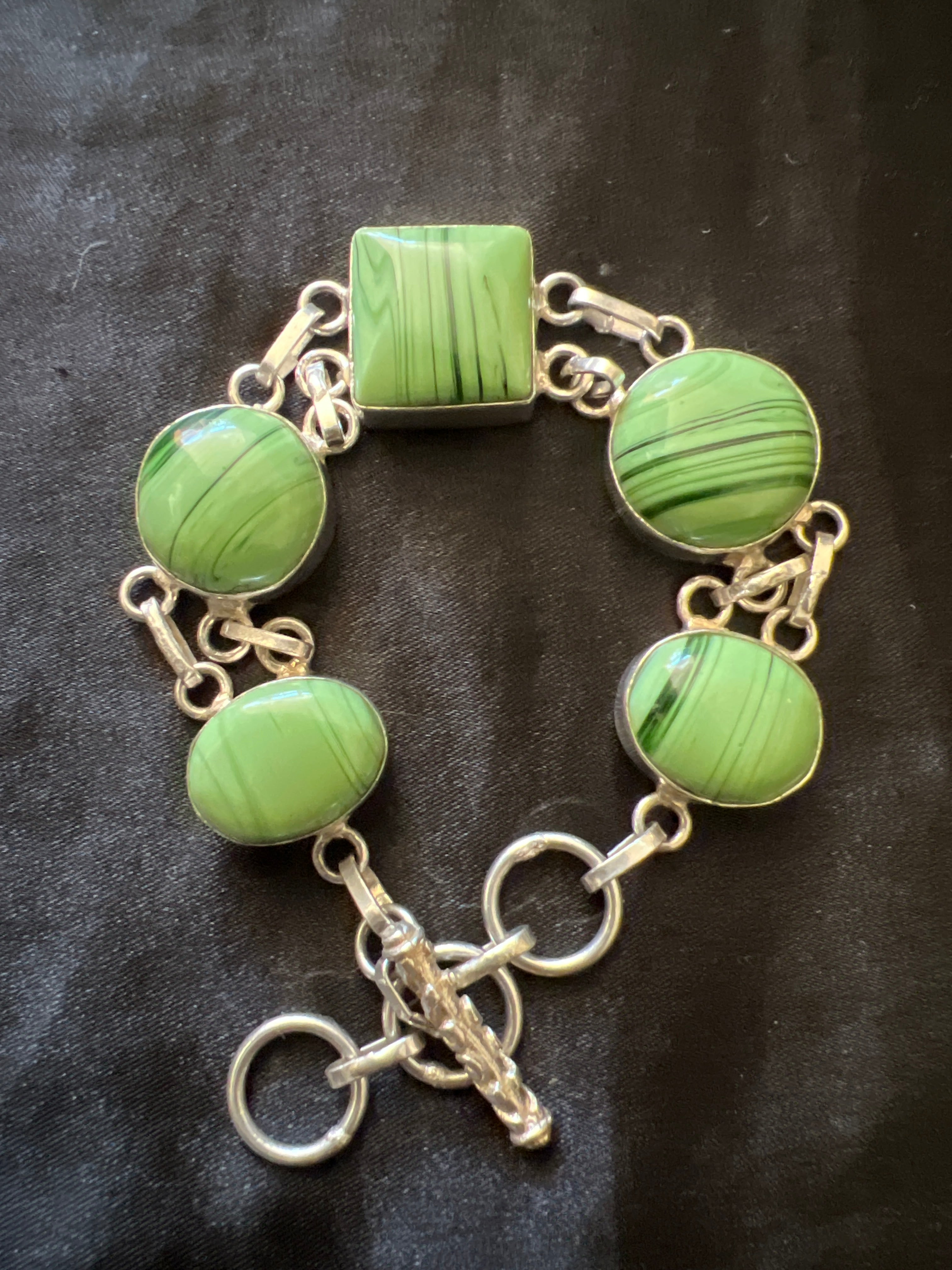 Vintage Green Lucite Mid Century 925 Silver Bracelet.