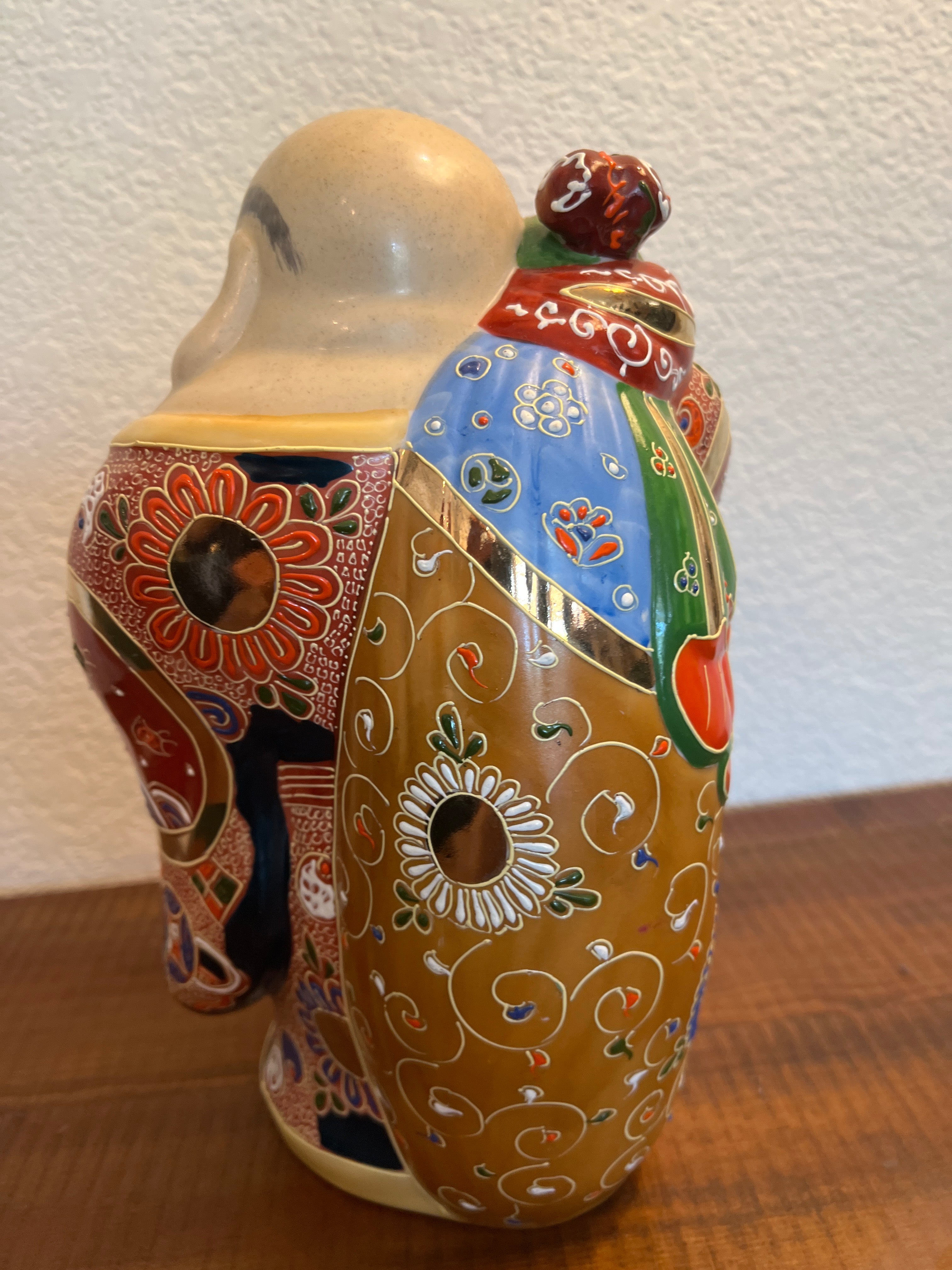 Authentic Antique Japanese Kutani Hotei Colorful Laughing Buddha Porcelain