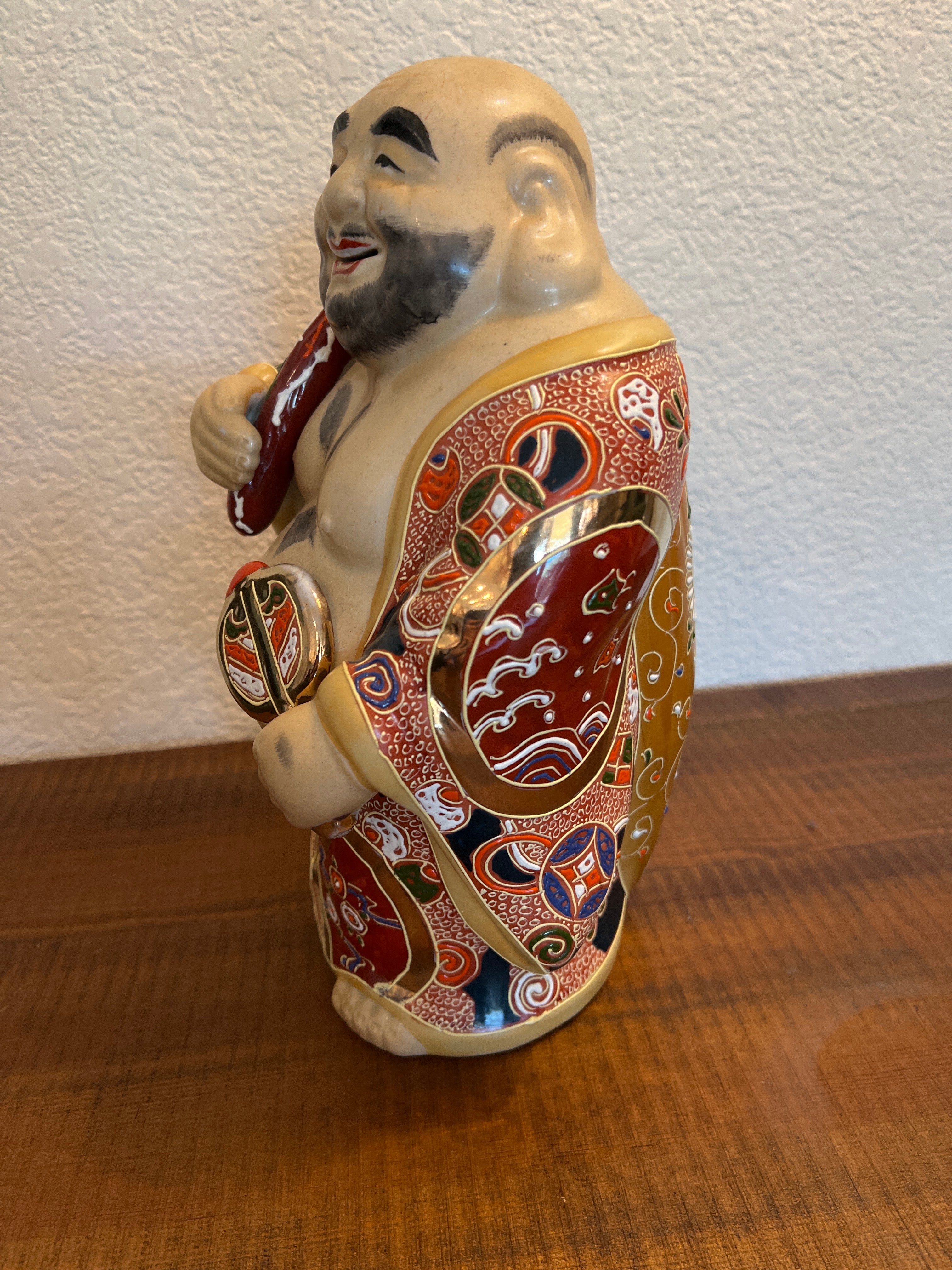 Authentic Antique Japanese Kutani Hotei Colorful Laughing Buddha Porcelain
