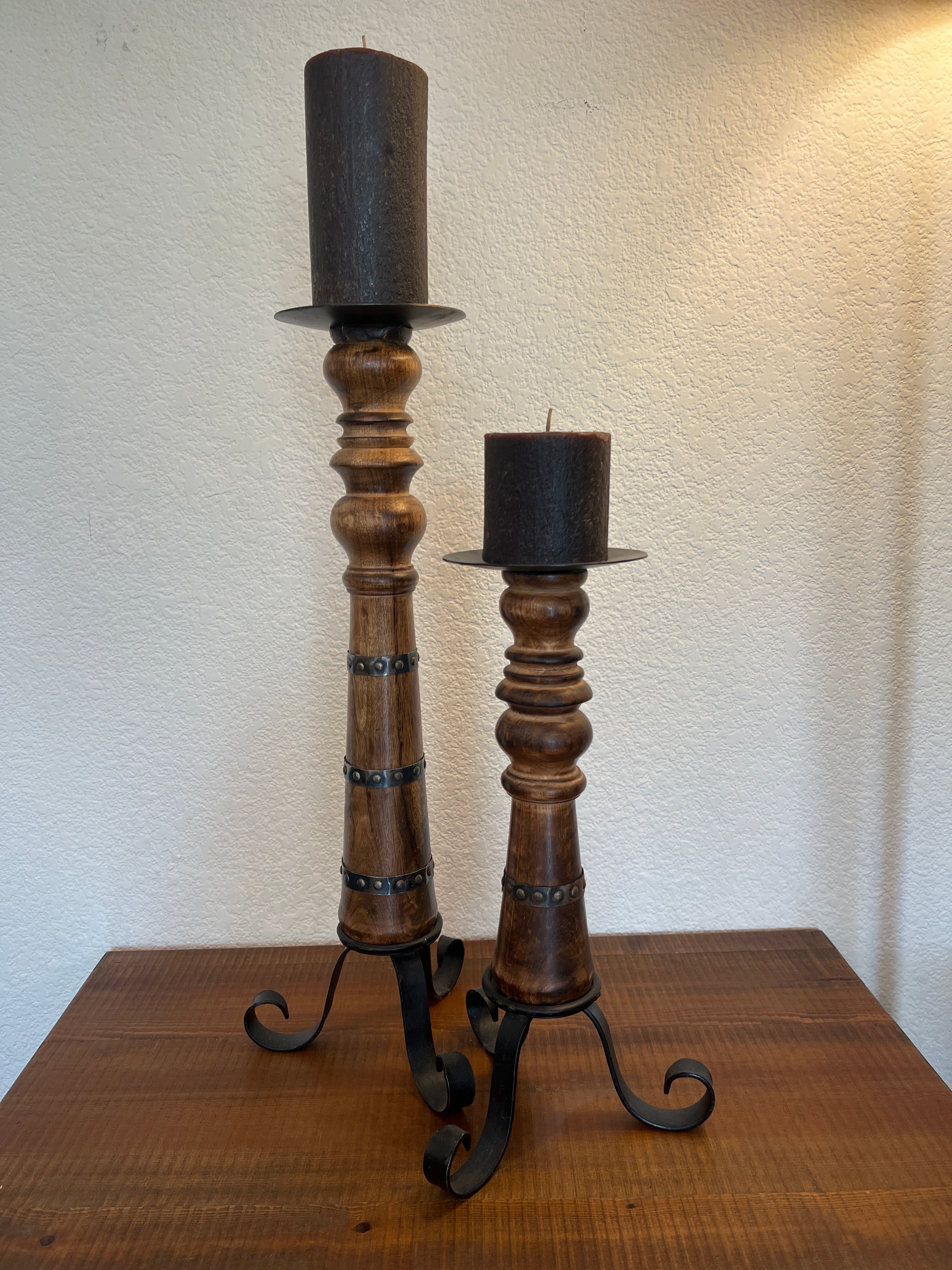 Set Of 2 Vintage mid century modern Taper Candlestick Holders. Wood & Metal