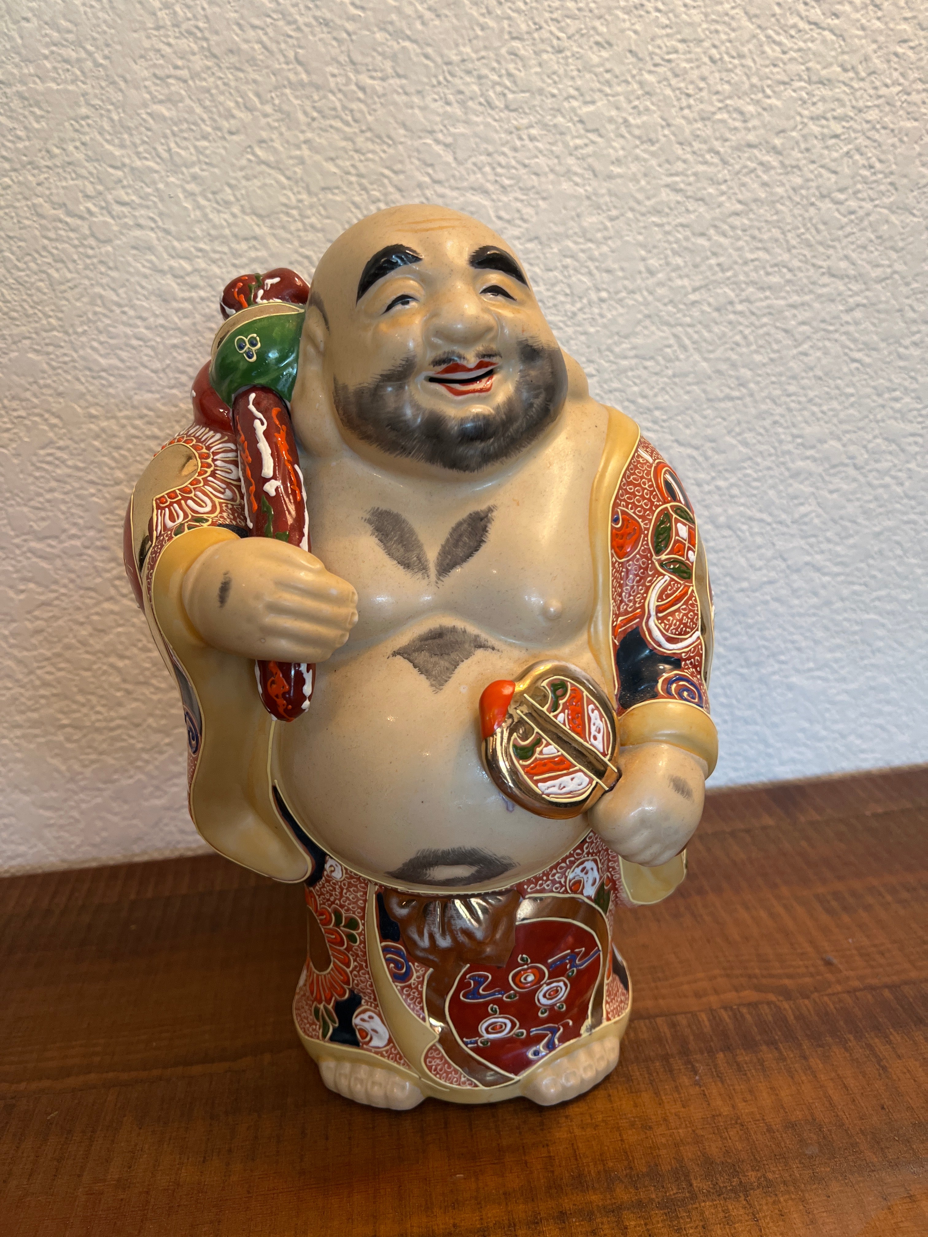 Authentic Antique Japanese Kutani Hotei Colorful Laughing Buddha Porcelain