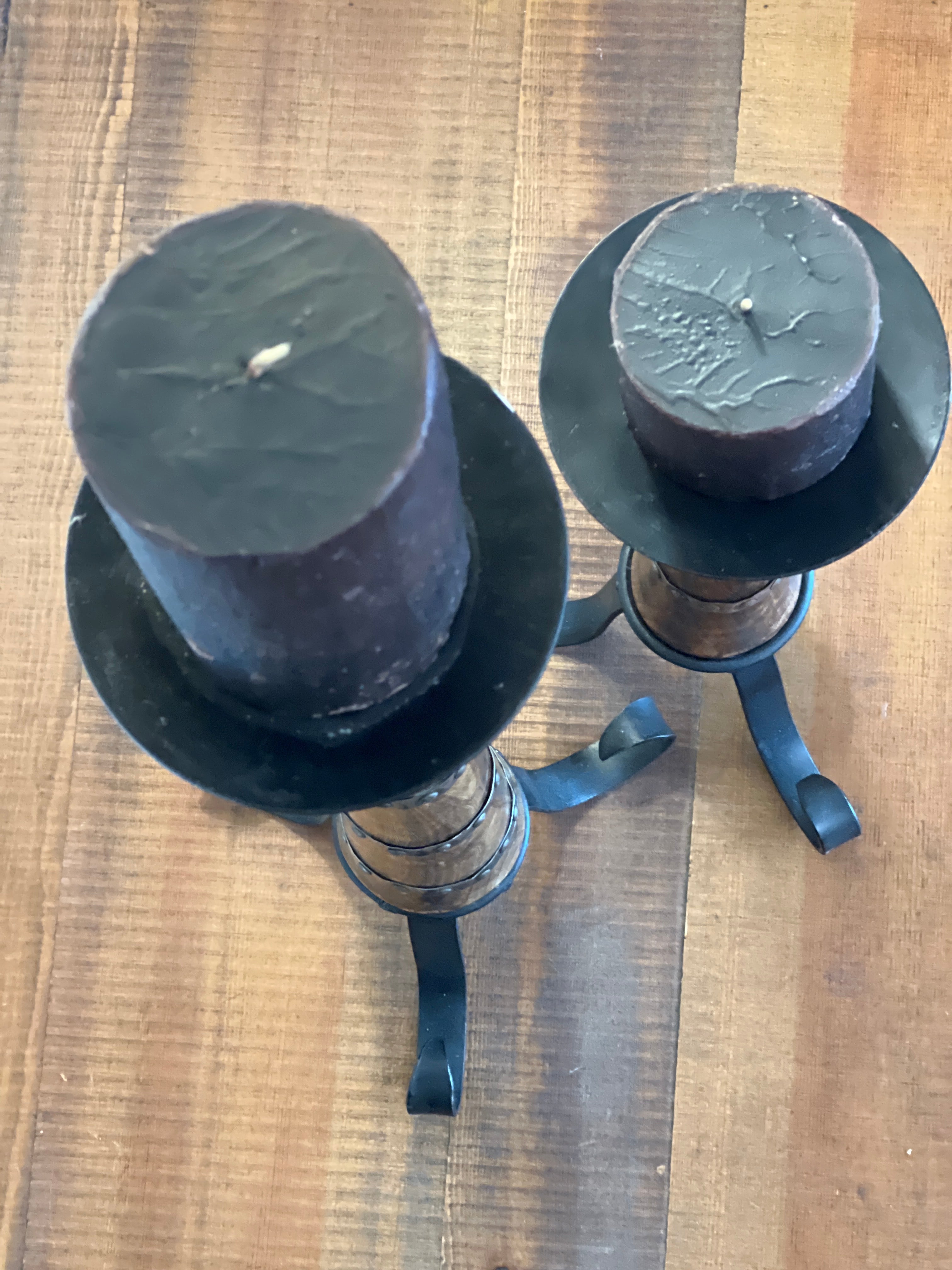Set Of 2 Vintage mid century modern Taper Candlestick Holders. Wood & Metal