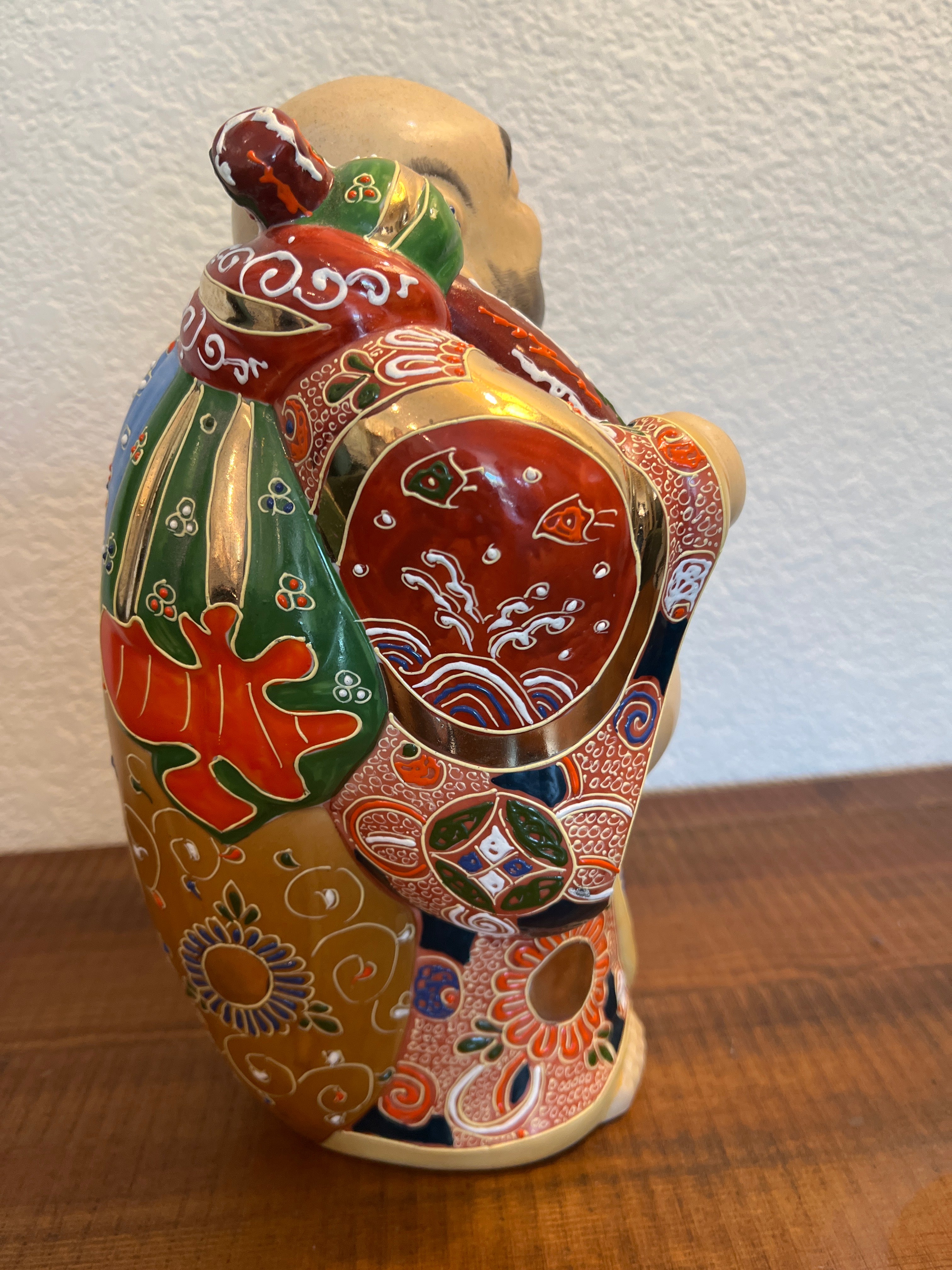 Authentic Antique Japanese Kutani Hotei Colorful Laughing Buddha Porcelain